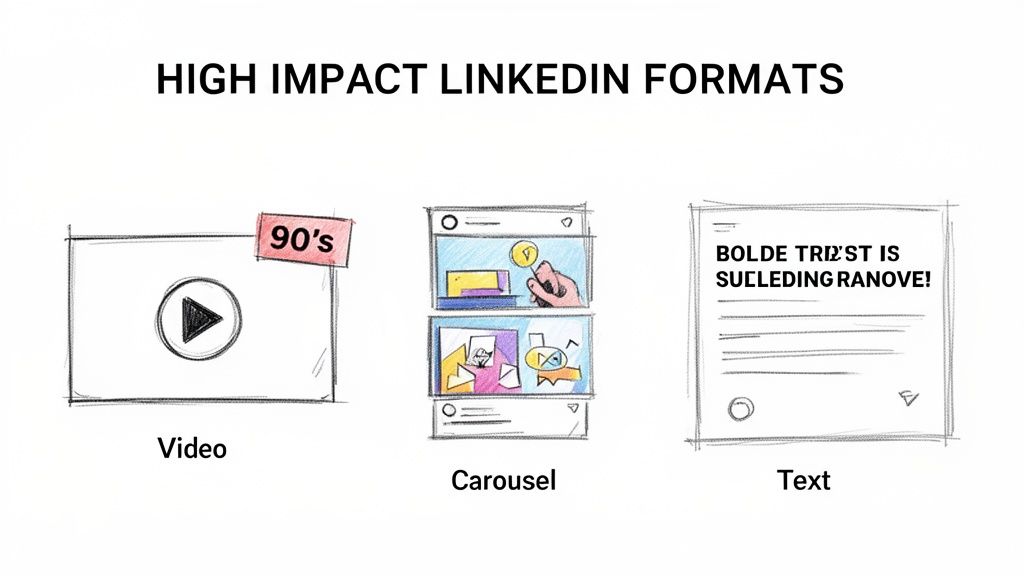 Illustration showcasing high-impact LinkedIn content formats: video, carousel, and text posts for engagement.