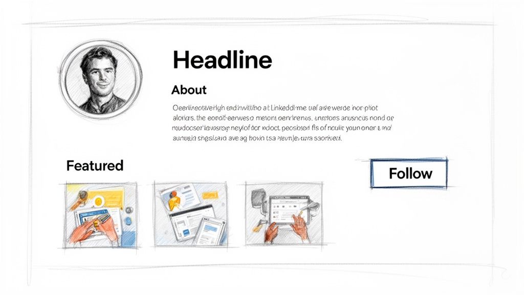 Sketch-style LinkedIn profile mockup showing a user profile, about section, featured content, and a follow button.