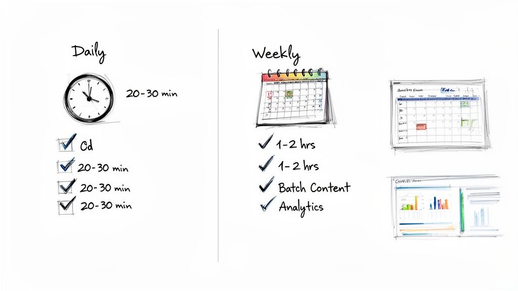 A whiteboard illustrating daily (20-30 min) and weekly (1-2 hrs) tasks for a content management routine.