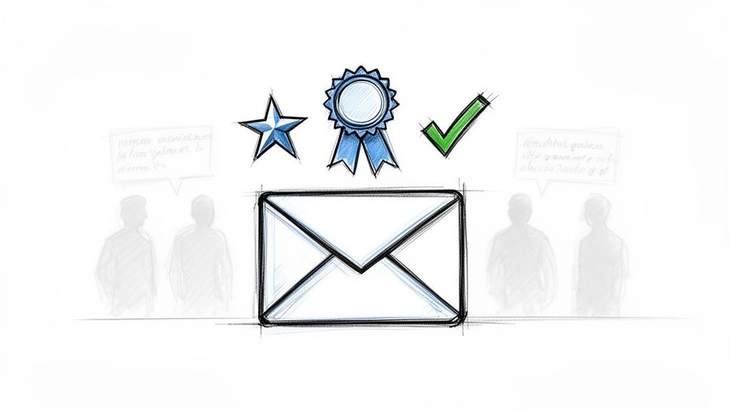 Sketch illustration of an email envelope, star, blue ribbon badge, and green checkmark on white background.