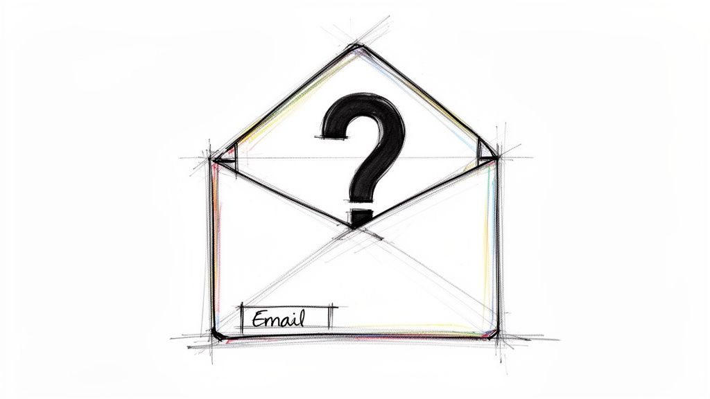 Hand-drawn sketch of an open email envelope with a large question mark inside, labeled 'Email'.
