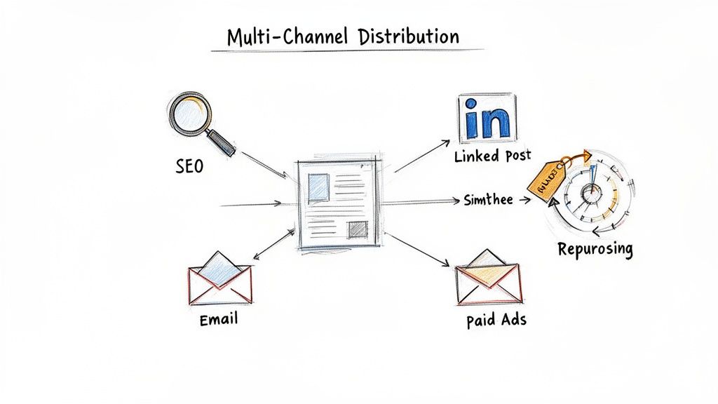 Diagram showing multi-channel content distribution via SEO, email, LinkedIn, Simthee, paid ads, and repurposing.