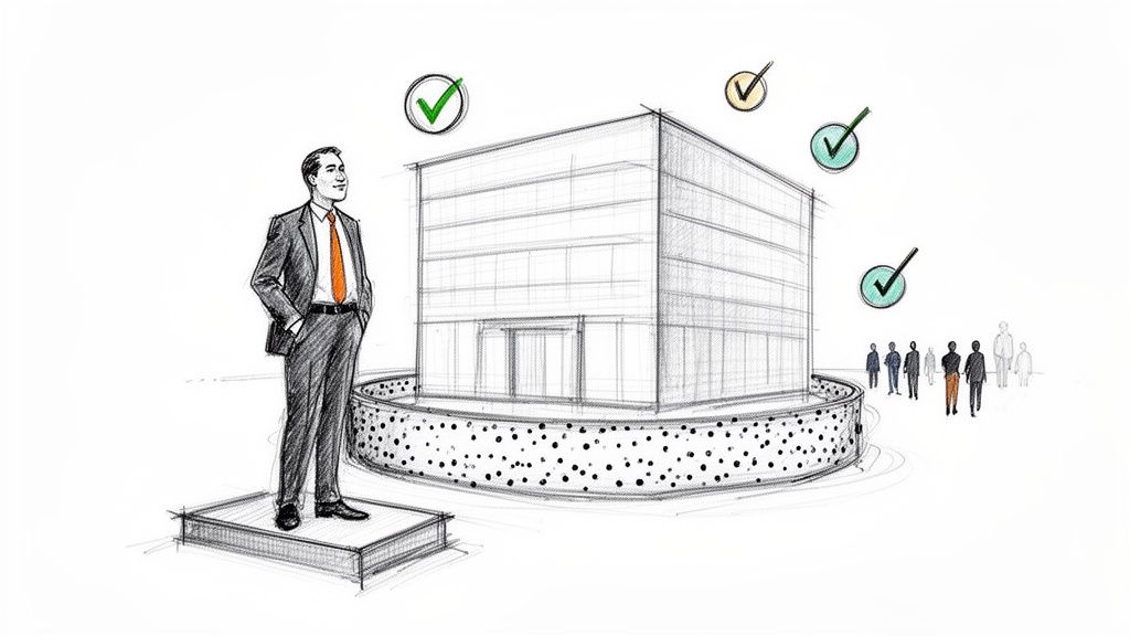 A man in a suit stands on a platform, looking at a building with checkmarks, symbolizing business success.