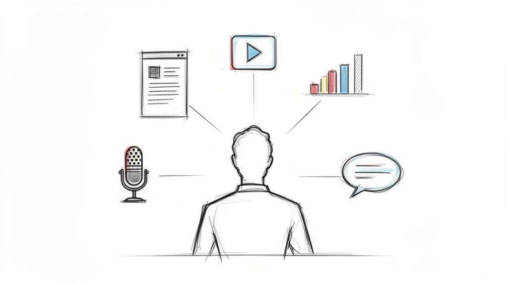 A person from behind, surrounded by icons representing diverse media channels for personal brand communication.