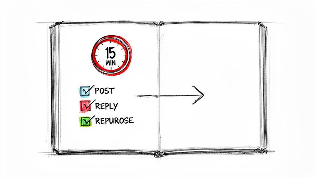 Hand-drawn image of an open book showing a 15-minute content strategy: post, reply, repurpose.