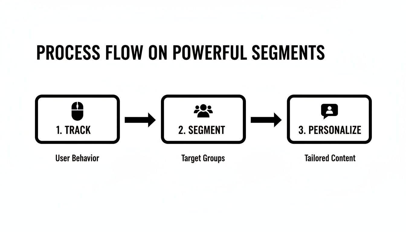 A three-step process flow: 1. Track user behavior, 2. Segment target groups, 3. Personalize tailored content.