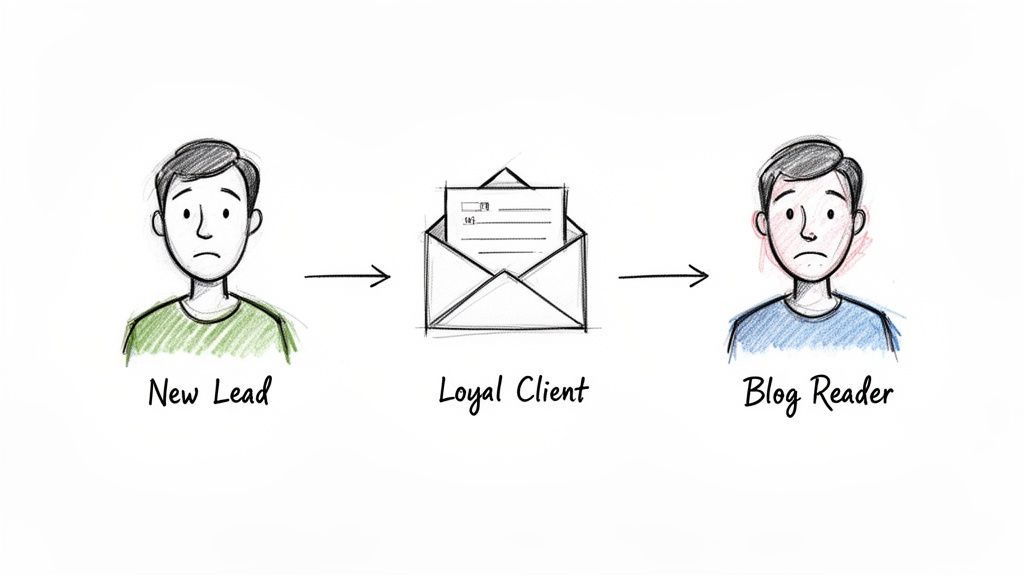 Flowchart illustrating a New Lead evolving into a Loyal Client through email, then a Blog Reader.