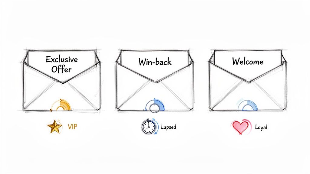 Diagram illustrating email segmentation by customer type: VIP, lapsed, and loyal.