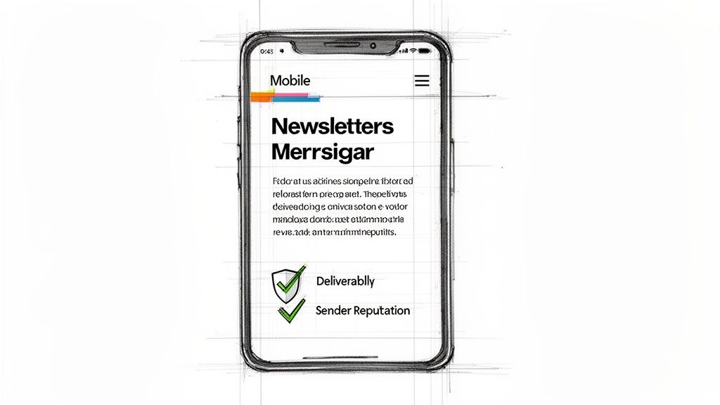 Sketch of a mobile phone displaying a newsletter app with 'Deliverably' and 'Sender Reputation' features.