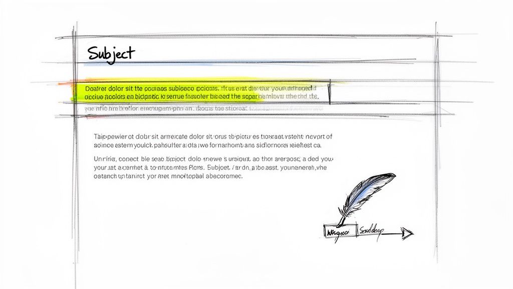 A hand-drawn sketch of an email layout featuring a subject line, placeholder text, and a quill pen with send button.