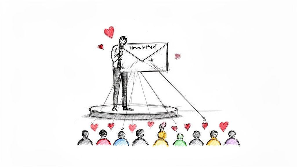 A speaker presents a 'Newsletter' to an appreciative audience, symbolizing engagement and connection.