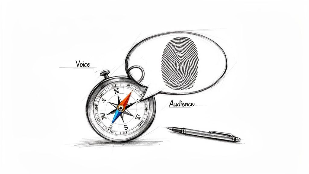 Pencil sketch of a compass labeled 'Voice' with a speech bubble showing a fingerprint labeled 'Audience', beside a pen.
