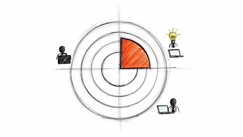 A hand-drawn target diagram with a red quarter, showing people with a briefcase, idea, and laptops.