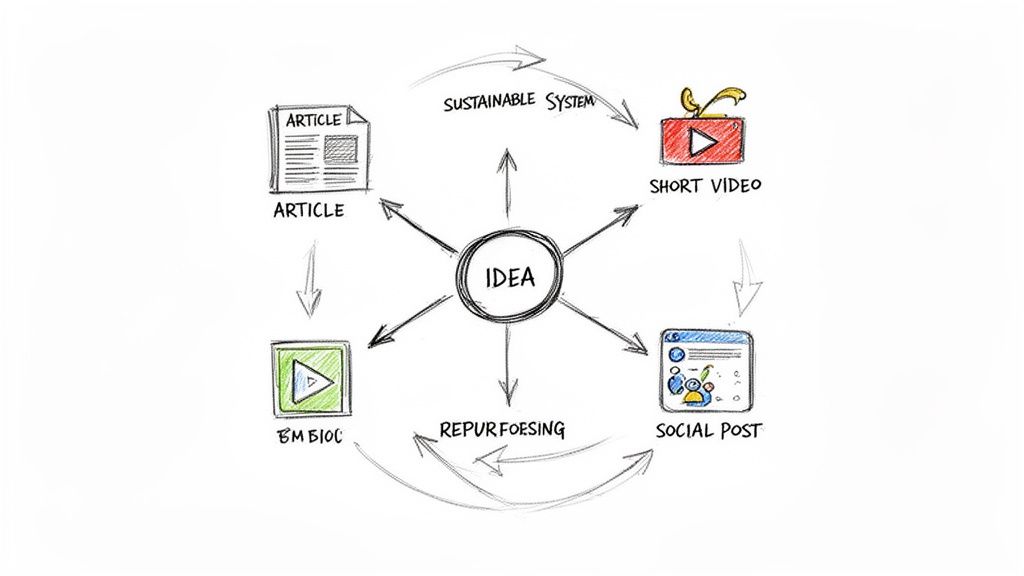 Diagram showing an idea generating content like articles, videos, and social posts, forming a sustainable content repurposing system.