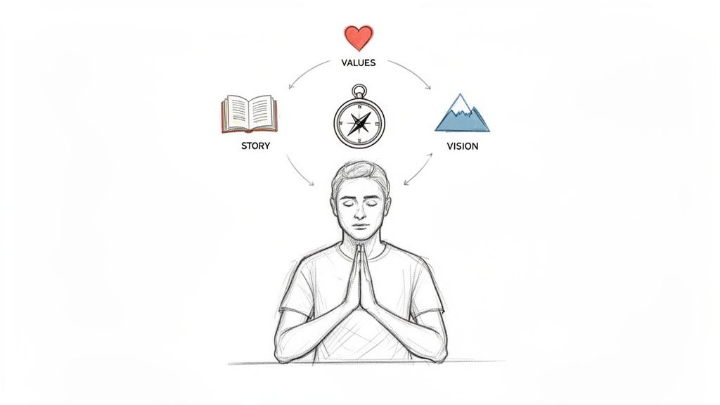 Mindfulness illustration with a person meditating, connecting values, story, vision, and inner compass.