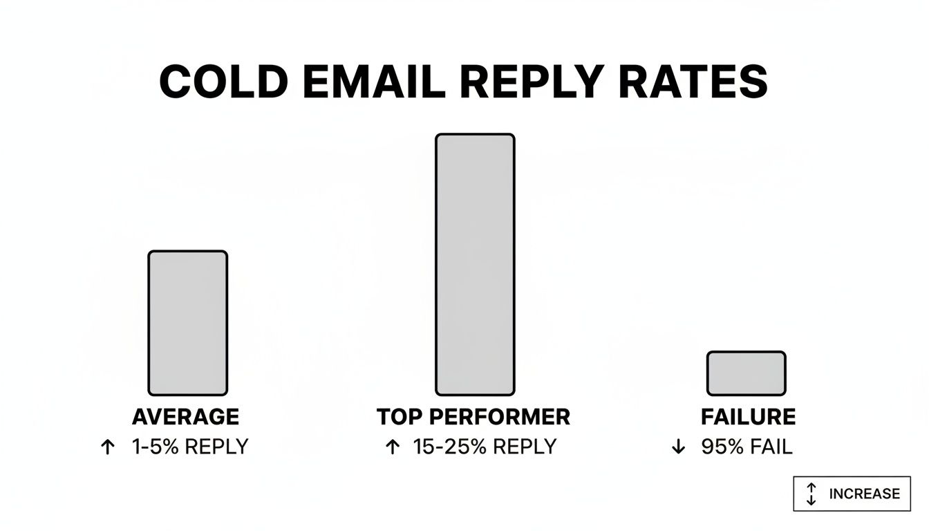 Bar chart comparing cold email reply rates for average, top performers, and failures, highlighting varying success.