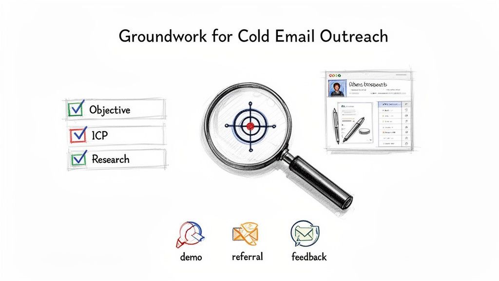 Illustration detailing steps for cold email outreach: objective, ICP, research, targeting, and potential outcomes.