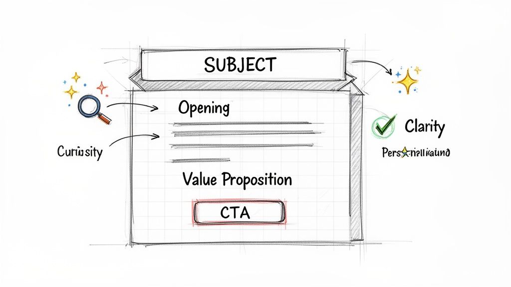Diagram illustrating a cold email structure: subject, opening, value proposition, CTA, emphasizing curiosity, clarity, and personalization.