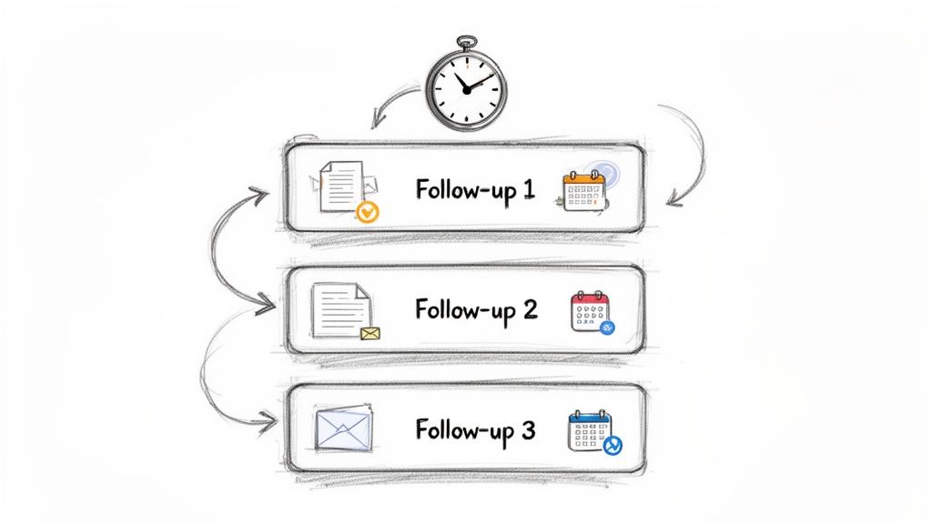 Diagram showing a timed, three-step email follow-up process with documents and calendar icons.
