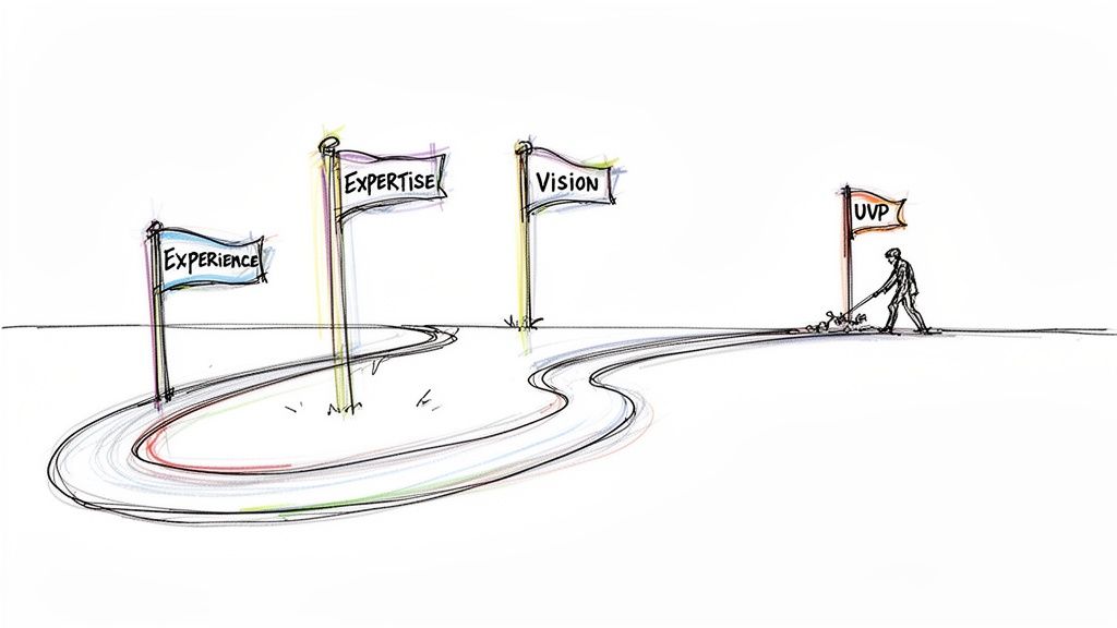 A path with flags for Experience, Expertise, Vision, and a person walking towards the 'UVP' flag.