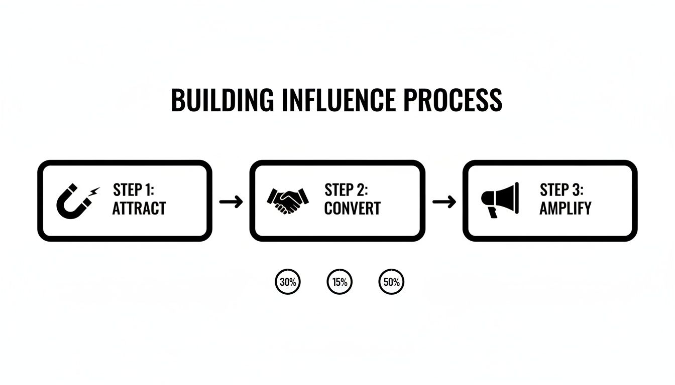 A diagram illustrating the 'Building Influence Process' with steps: Attract, Convert, and Amplify, and associated percentages.