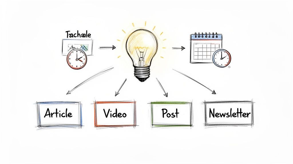 Diagram visualizing the process of developing an idea into various content formats: article, video, post, newsletter.