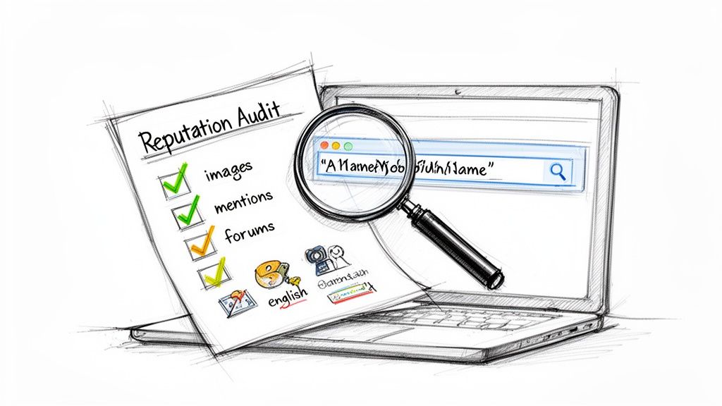 Sketch illustrating online reputation audit, showing a laptop, search bar, magnifying glass, and a checklist.
