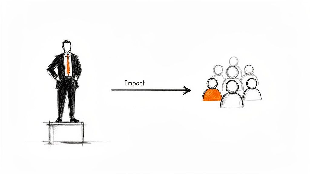 A drawing of a leader in a suit on a platform, showing his impact on a group of people.