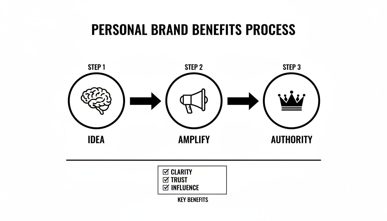A diagram illustrates the personal brand benefits process from idea (brain) to amplify (megaphone) to authority (crown), resulting in clarity, trust, and influence.