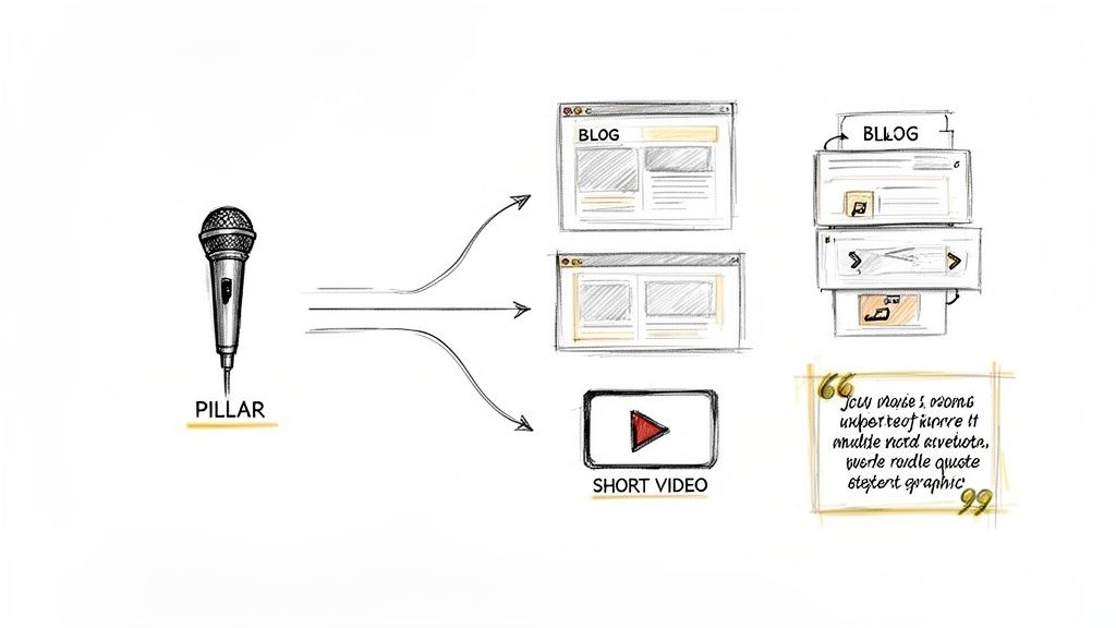 A diagram illustrates content repurposing from a central pillar (microphone) into blogs, short video, and text graphics.