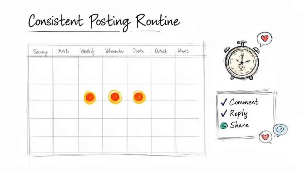 A visual guide illustrating a consistent social media posting routine with a calendar, alarm clock, and engagement actions.