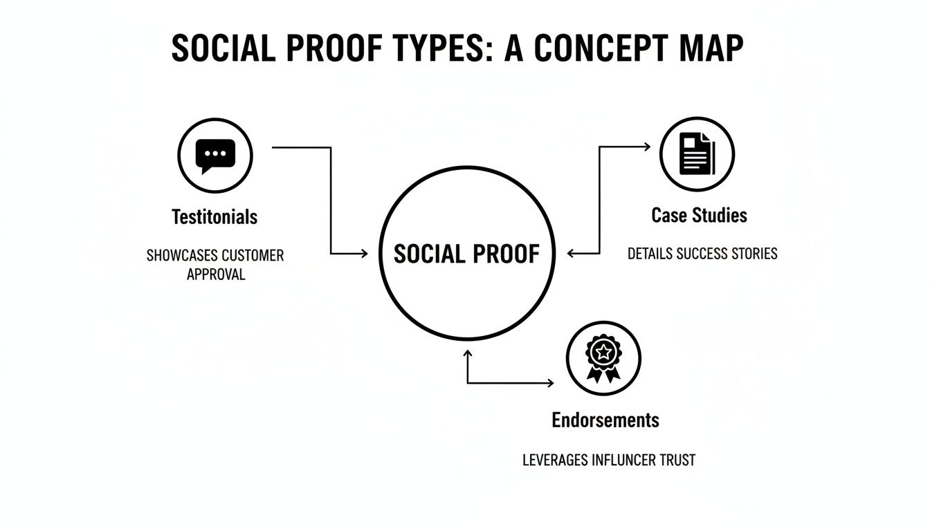 A concept map illustrating three types of social proof: testimonials, case studies, and endorsements.