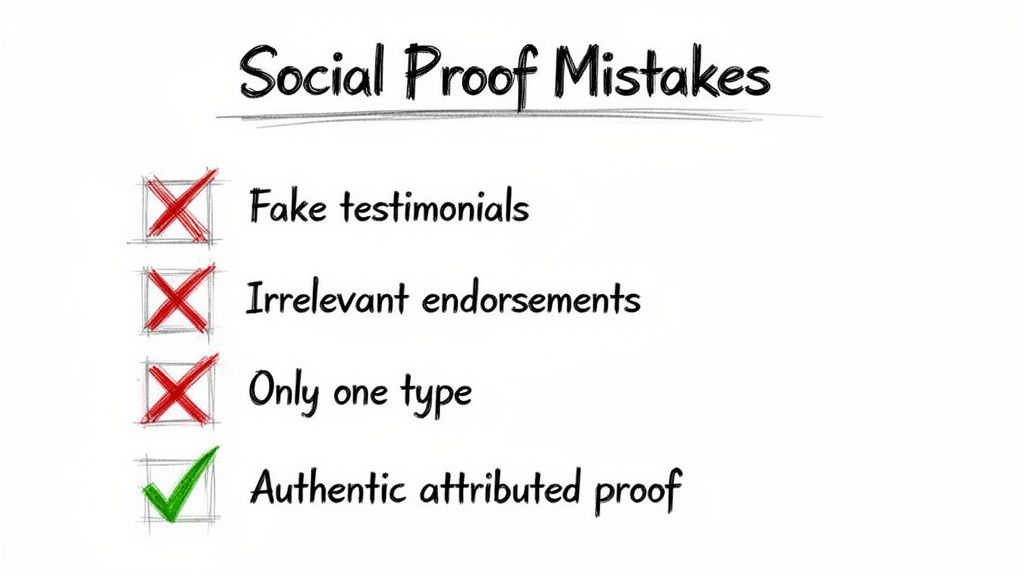 Checklist of social proof mistakes, including fake testimonials and irrelevant endorsements, with authentic attributed proof highlighted.