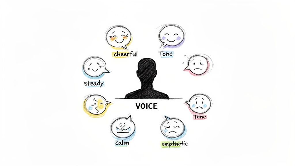 An illustration depicting a person's voice and various emotional tones like cheerful, steady, calm, and empathetic.