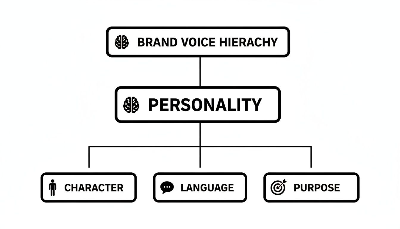 Hierarchy diagram illustrates Brand Voice Hierarchy, showing Personality branching into Character, Language, and Purpose.