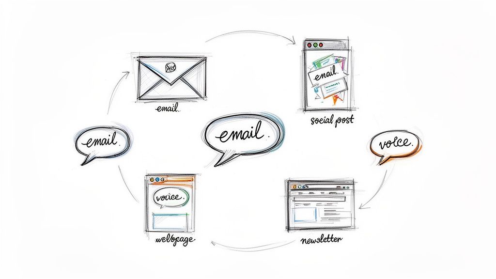 A diagram illustrating a cycle of communication channels including email, social posts, webpages, and newsletters, centered around email and voice.
