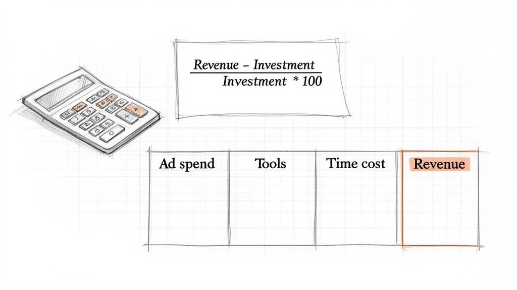 An image showing a calculator, a formula for Return on Investment, and a table for cost breakdown.
