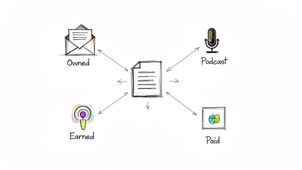 Diagram illustrating content distribution channels including owned, podcast, earned, and paid media around a central document.