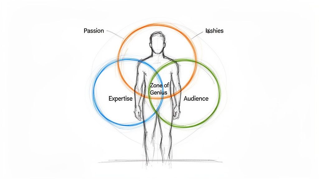 Venn diagram on a human figure illustrates 'Zone of Genius' from Passion, Expertise, and Audience.