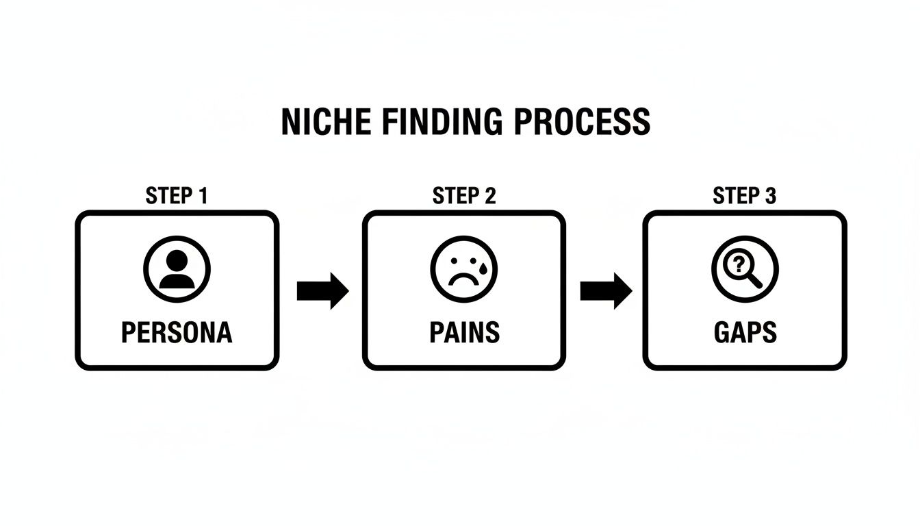 A diagram illustrating the 'Niche Finding Process' with three steps: Persona, Pains, and Gaps.