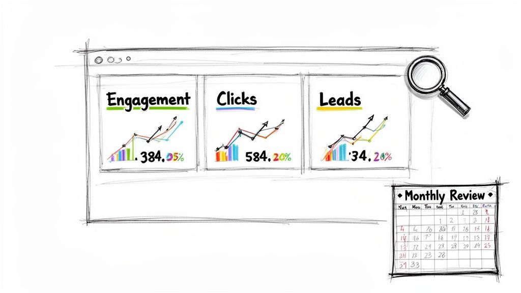 A sketch of a digital marketing dashboard showing engagement, clicks, and leads growth with a monthly review calendar.