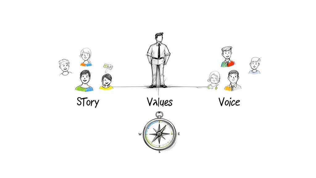 A visual representation of Story, Values, and Voice, showing people around a central figure and a compass.