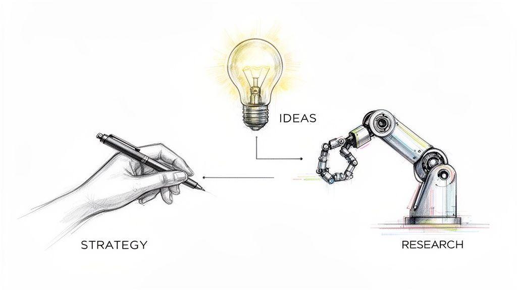 A sketch illustrating how human strategy (hand writing) and robotic research contribute to new ideas (lightbulb).