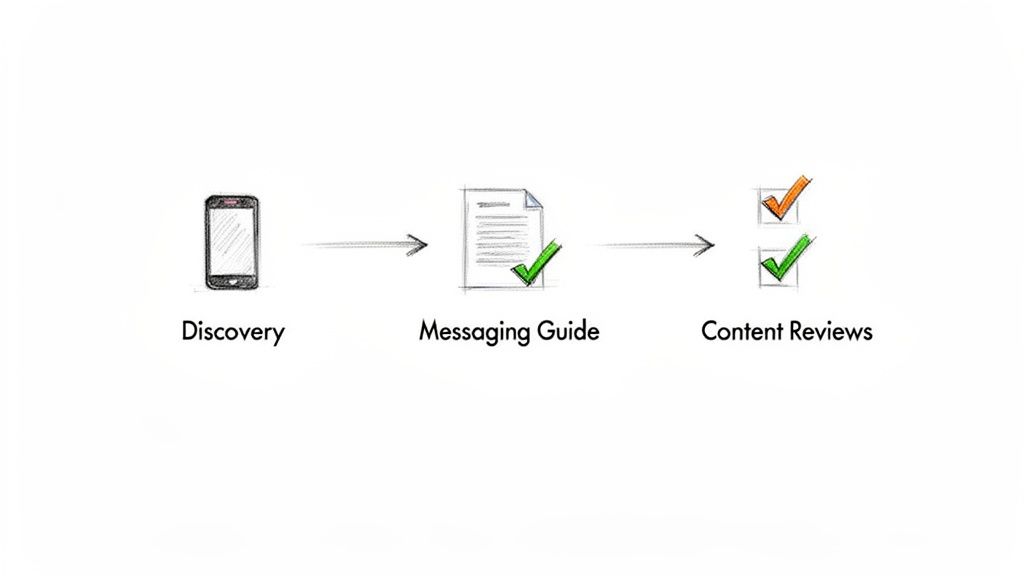 Flowchart illustrating the content development process, from discovery to messaging guide and content reviews.