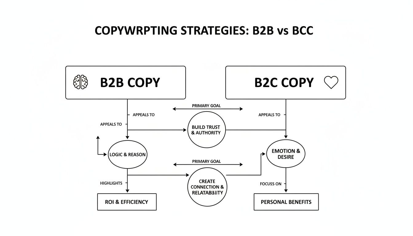 Flowchart illustrating B2B and B2C copywriting strategies, comparing their appeals, goals, and focus.