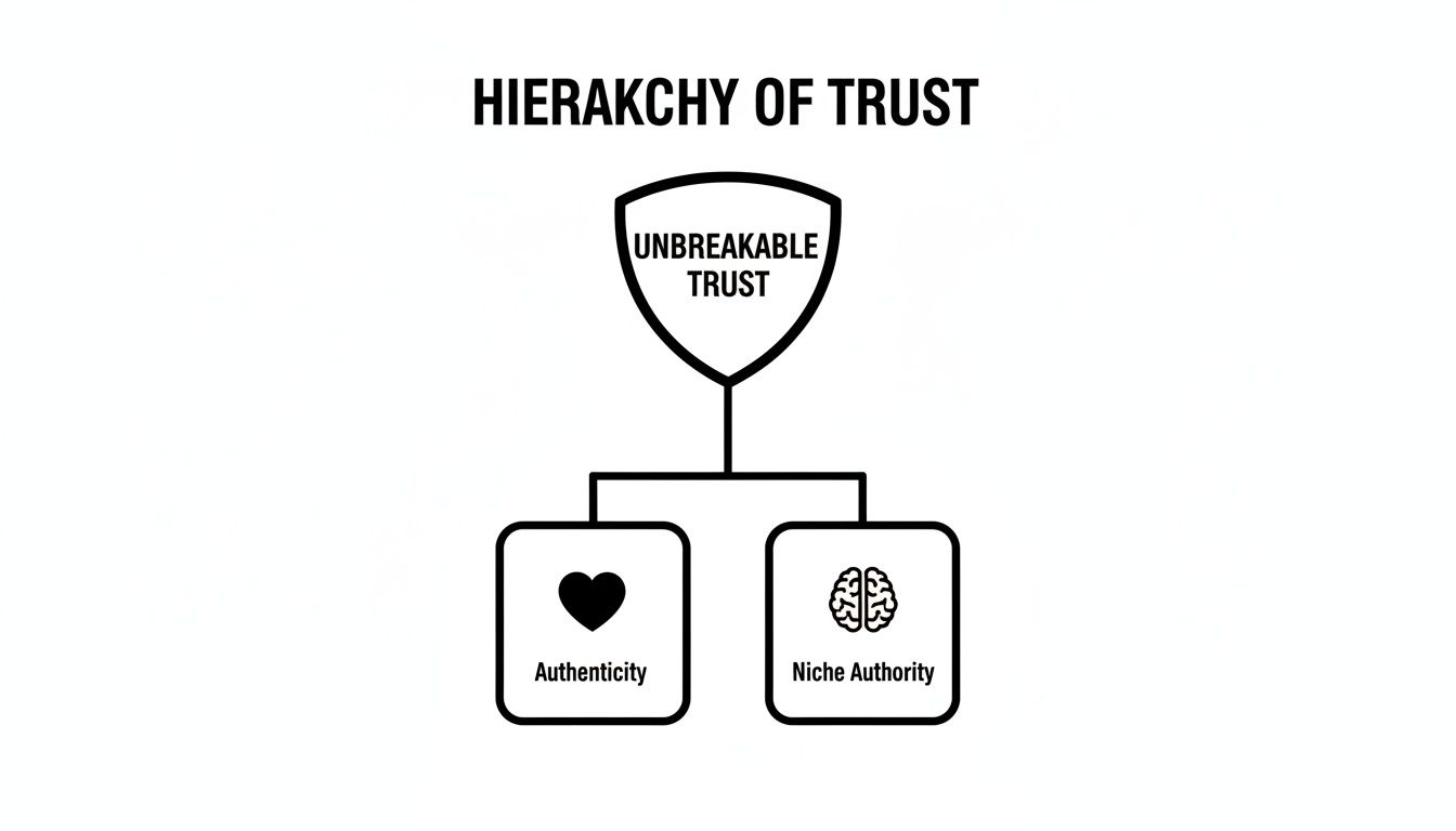Hierarchy of Trust diagram showing Unbreakable Trust, which is built upon Authenticity and Niche Authority.