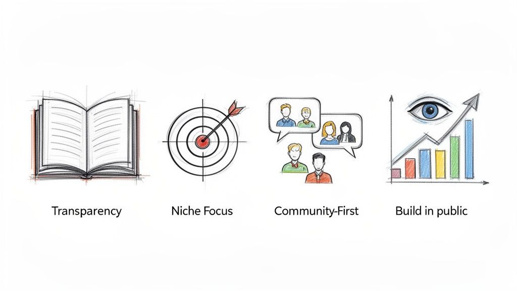 Sketches illustrating four business principles: transparency, niche focus, community-first, and building in public.