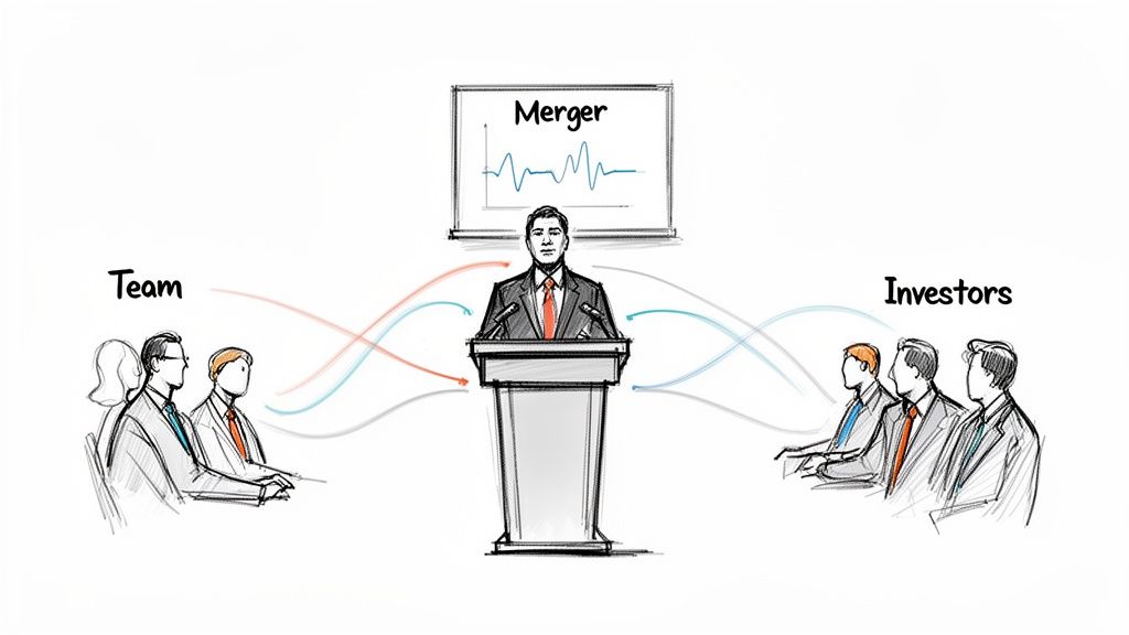 A speaker at a podium presents a merger to a team and investors, showing communication flow.