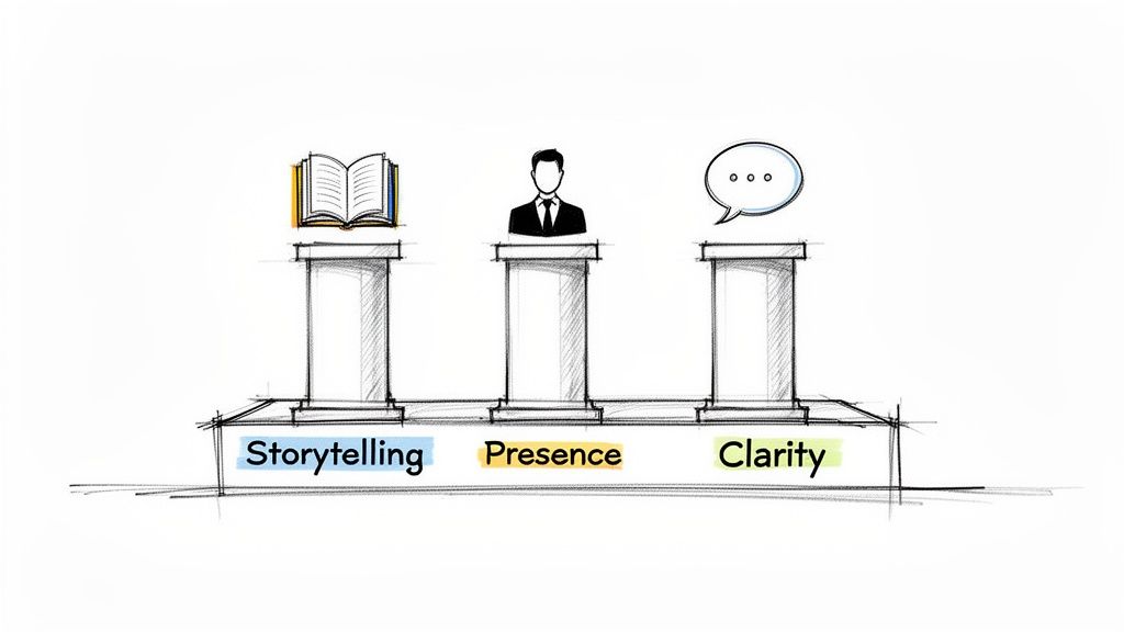 Three pillars illustrate Storytelling, Presence, and Clarity as vital executive communication skills foundations.