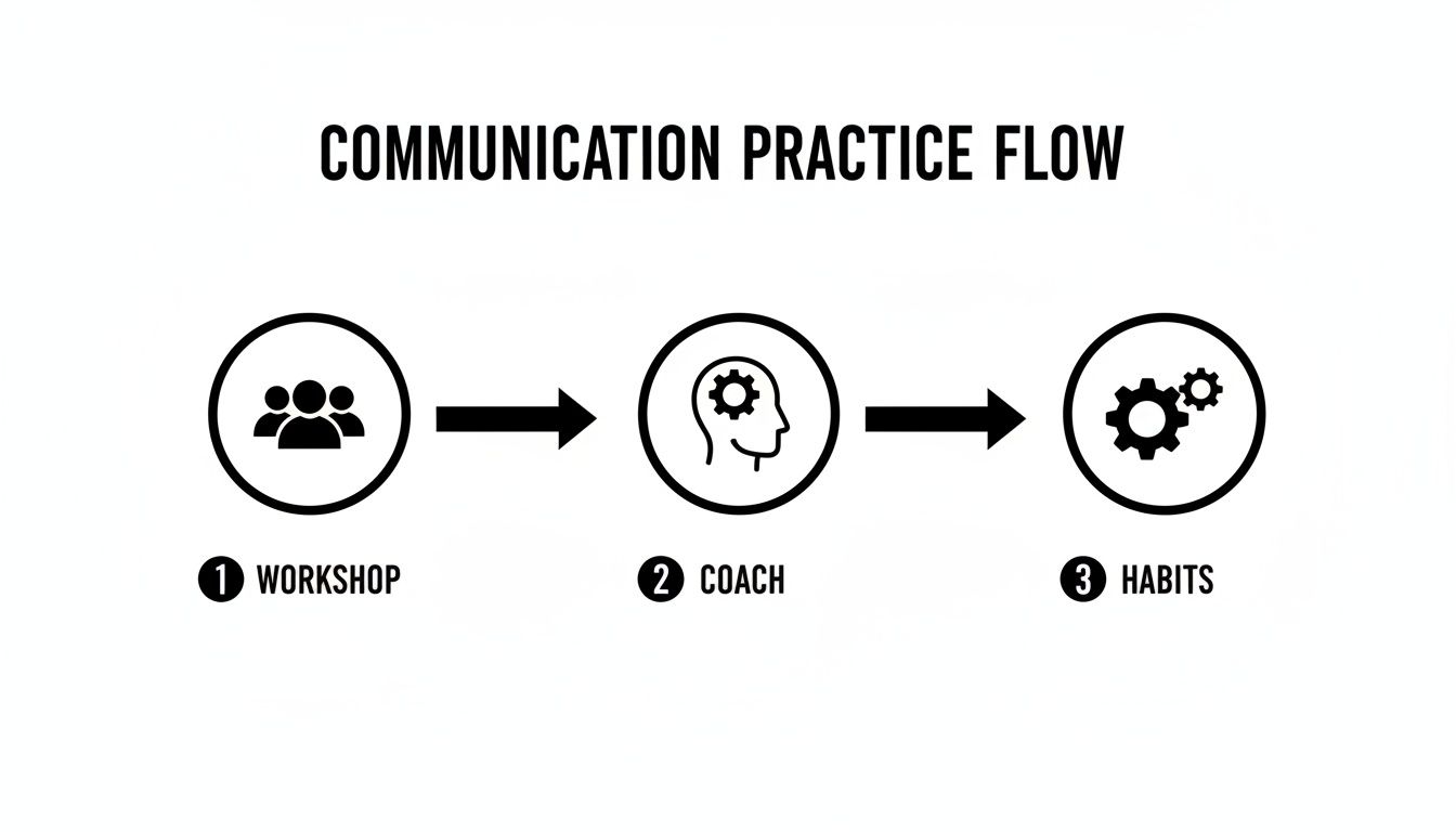 A flow chart illustrating the communication practice flow: Workshop, Coach, and Habits.